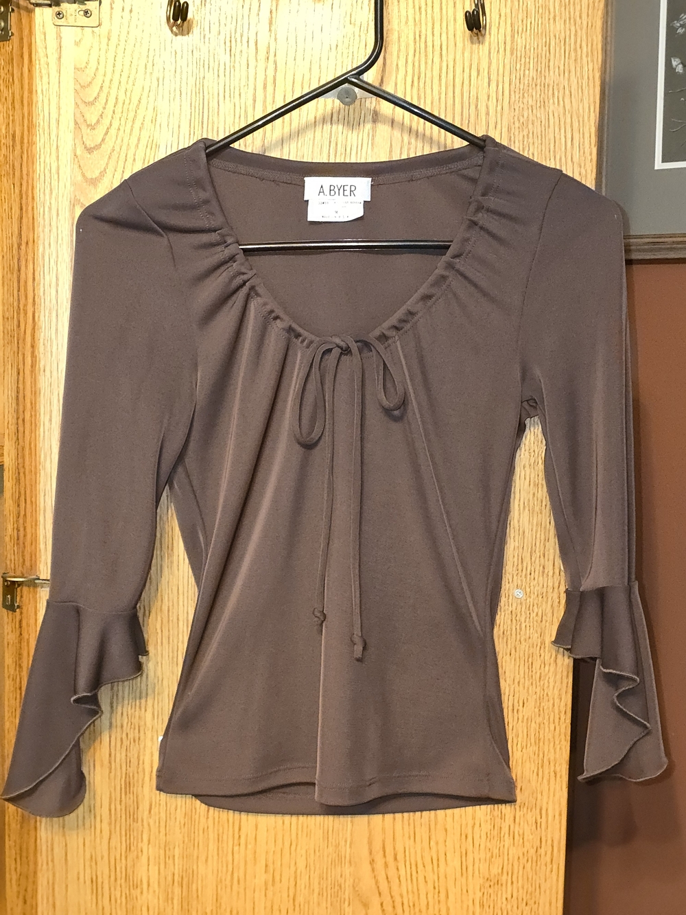A. Byer Brown Ruffle-Sleeve Tie-Neck Women's Top